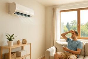 Bright living room with natural light, featuring an energy-efficient air conditioning unit, symbolizing reduced summer energy bills in Burlington and Hamilton.