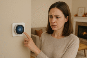 Homeowner in Burlington checking thermostat because furnace is running too long