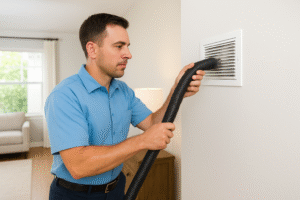 A professional HVAC technician cleaning air ducts in a modern home, using specialized vacuum equipment to remove dust and debris for improved indoor air quality.